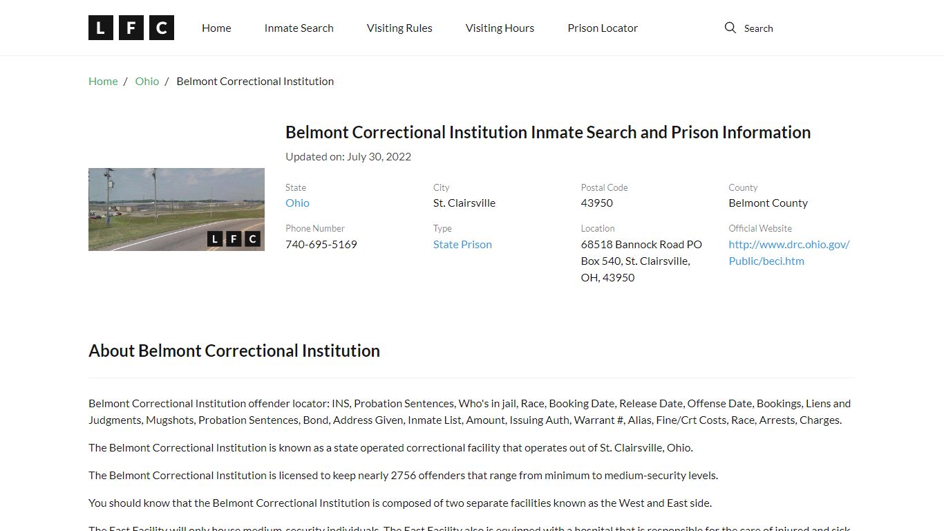 Belmont Correctional Institution Inmate Search, Visitation ...